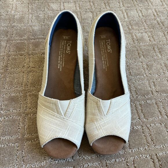 Toms Open Toe Cork Wedge Sandal Women’s 8 Beige Cream Summer Slip On Casual - Picture 2 of 7